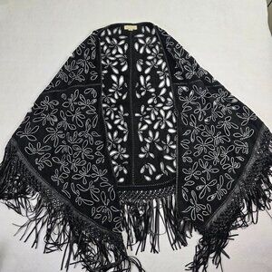 Glen Arthur for Chester 100% Suede Leather Fringe Poncho Shawl Cape Black White